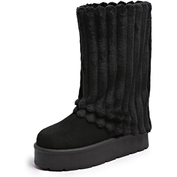 ✨Women's Black Platform Fur Boots Fuzzy Fleece Lined Ankle Anti-Slip Booties - Picture 1 of 6